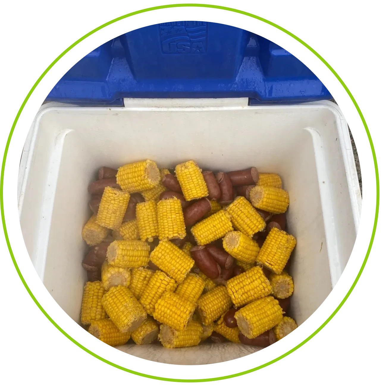 Cooler filled with corn and sausages